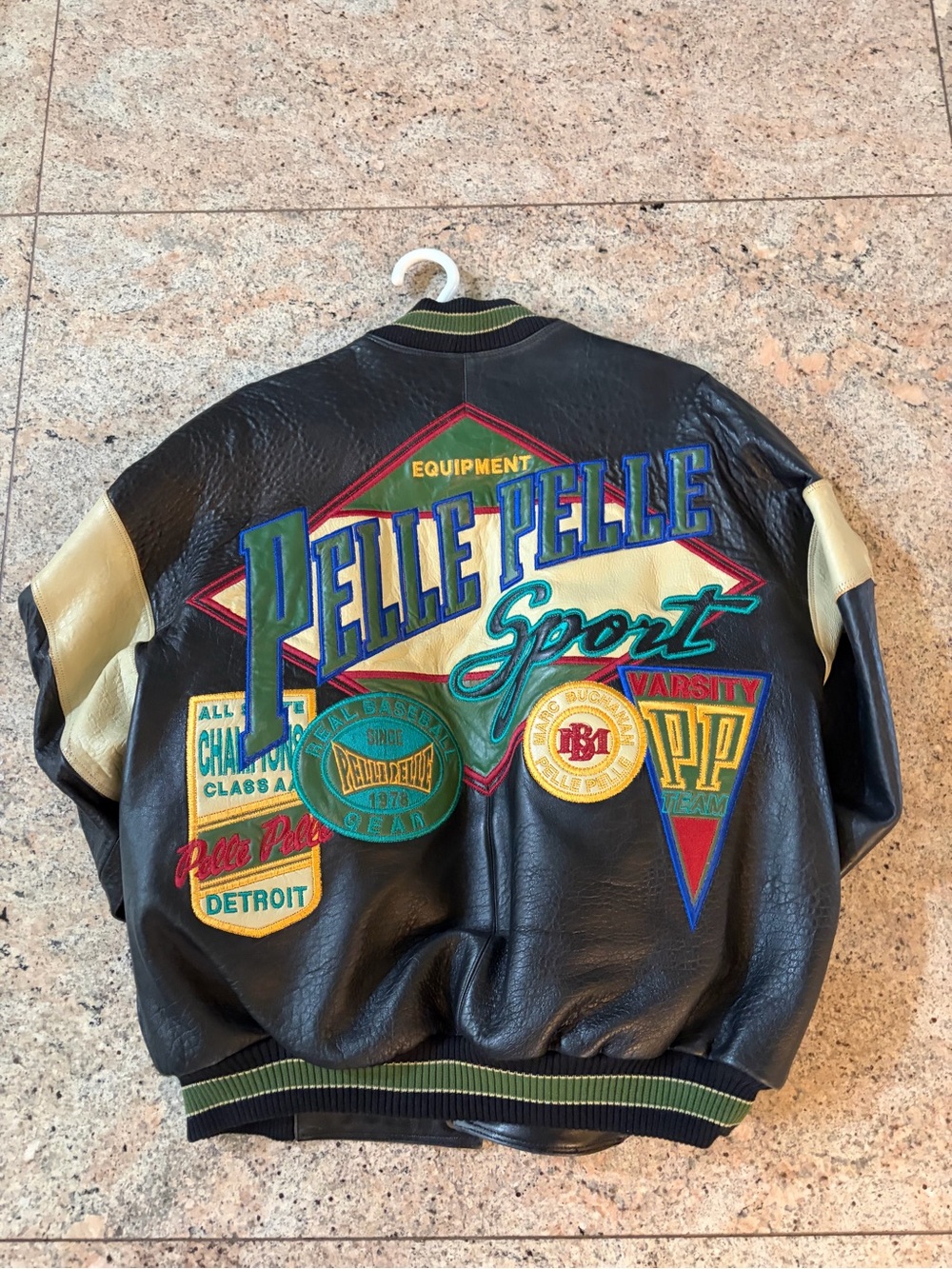 Pelle Pelle Black Leather Varsity Jacket with Cream Sleeves & Multicolor Patches